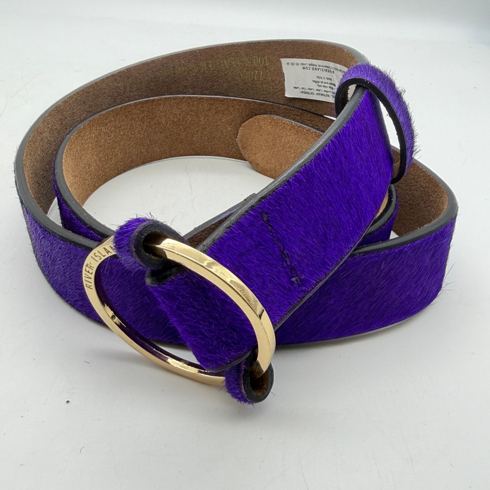 River Island Purple Calf Hair Leather Belt Size Medium-large Gold Ring Buckle